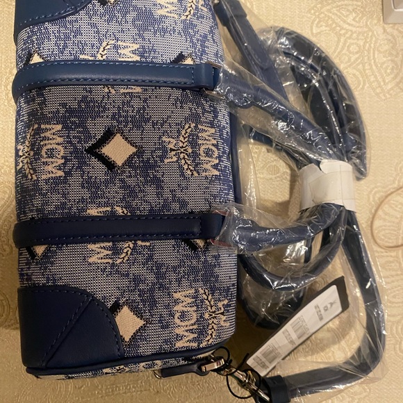 MCM BOSTON MINI VINTAGE JACQUARD MONOGRAM BLUE CANVAS & LEATHER BAG - Picture 10 of 10